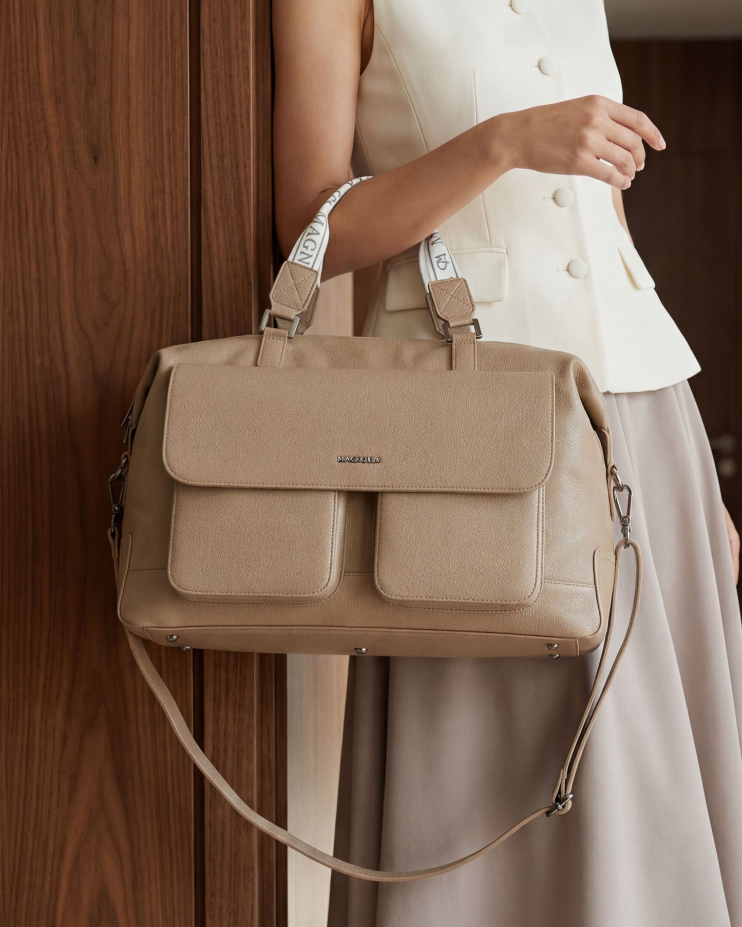 Magnolia PU Leather Women Beige Handbag